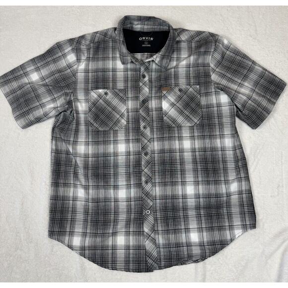 ORVIS Mens Woven Tech Short Sleeve Shirt Size XL Gray Plaid Pockets Outdoor UPF - Picture 1 of 7